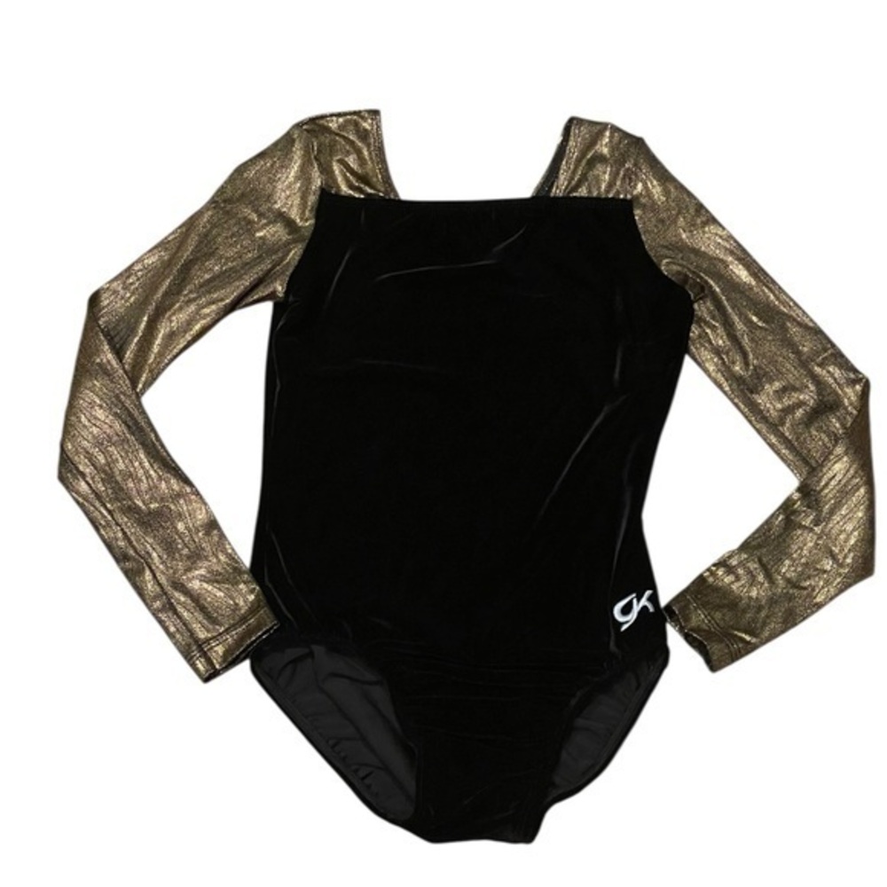 NEW Adult Small GK Leotard Long Sleeve Black Velvet Gold Foil AS Gymnastics